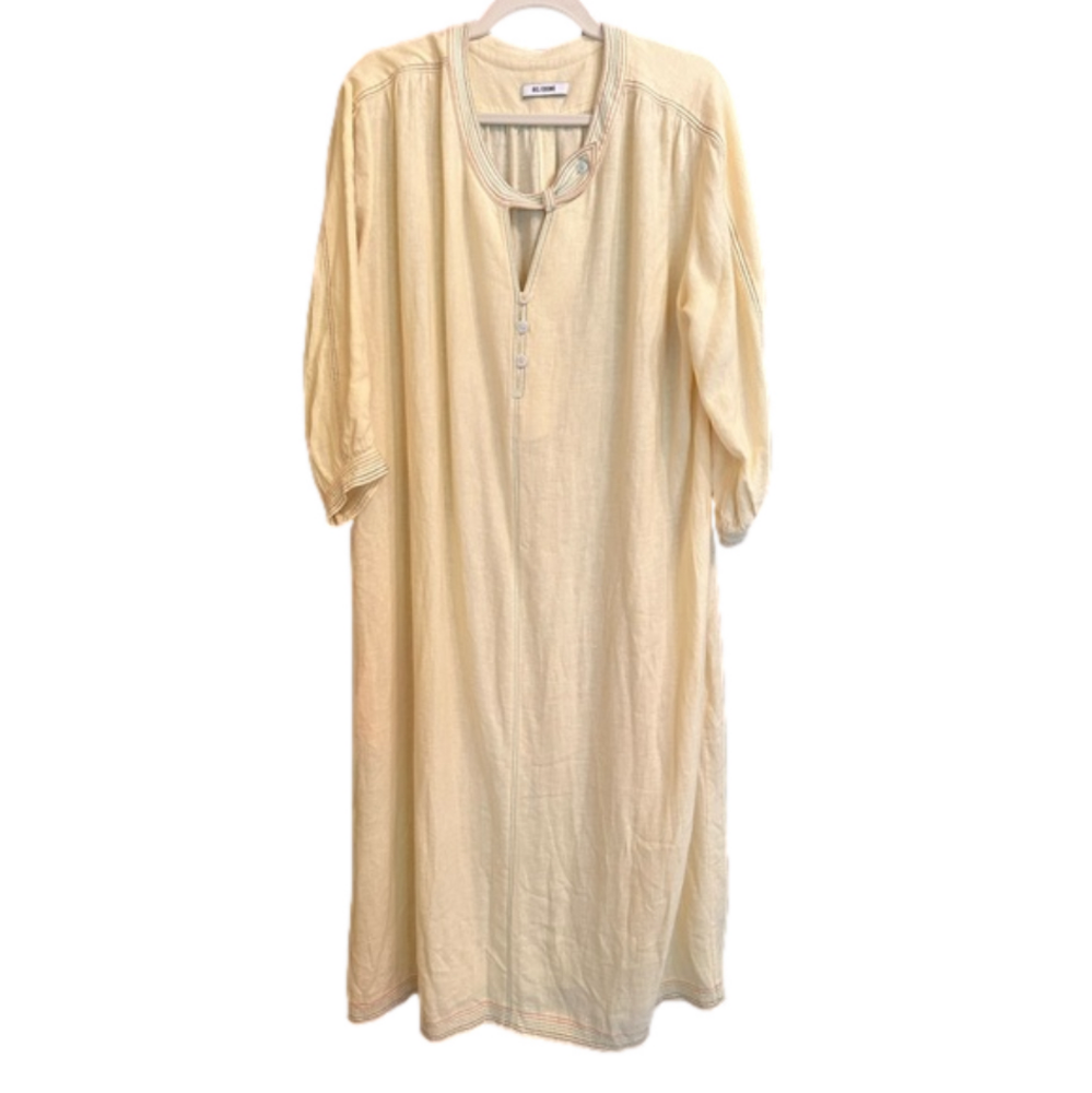 NWOT Redone RE/DONE light yellow soft linen dress w/contrast stitching & pockets